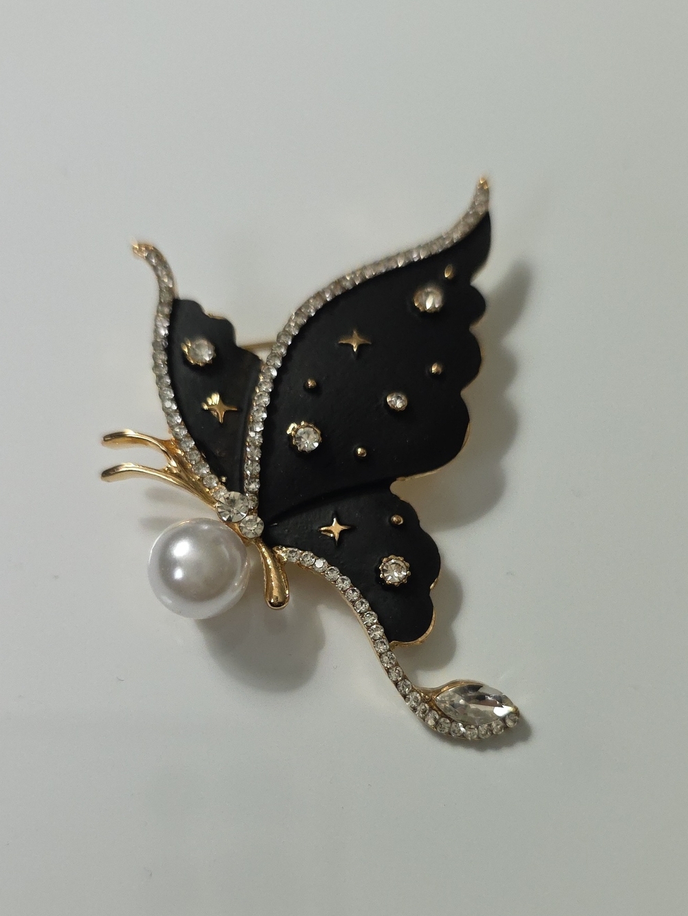 Black Butterfly Brooch matte black finish sparkle Simulated Diamonds